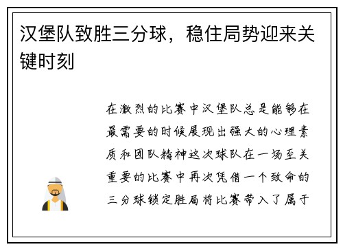 汉堡队致胜三分球，稳住局势迎来关键时刻